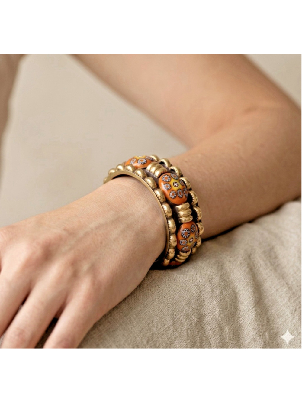 Statement Chunky Brass Cuff Bracelet – Brown Enamel with Orange Cabochon Details